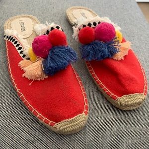Soludos Red Multi Frayed Edge Pom Pom Mules